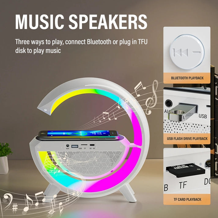 Cargador Inalámbrico, Parlante Bluetooth, Lámpara USB y Radio