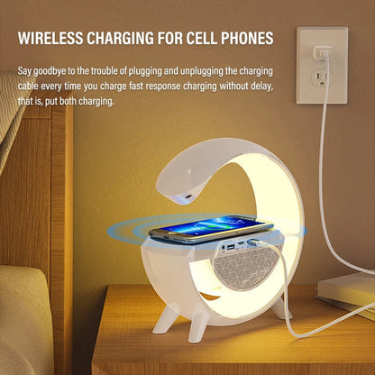 Cargador Inalámbrico, Parlante Bluetooth, Lámpara USB y Radio